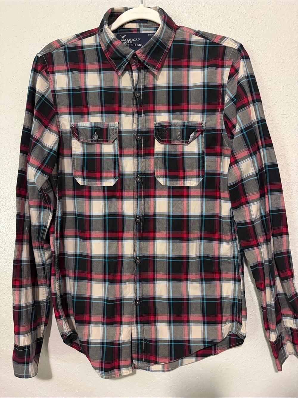 American Eagle Outfitters Black, Red & Cream Plaid Button-Down Shirt